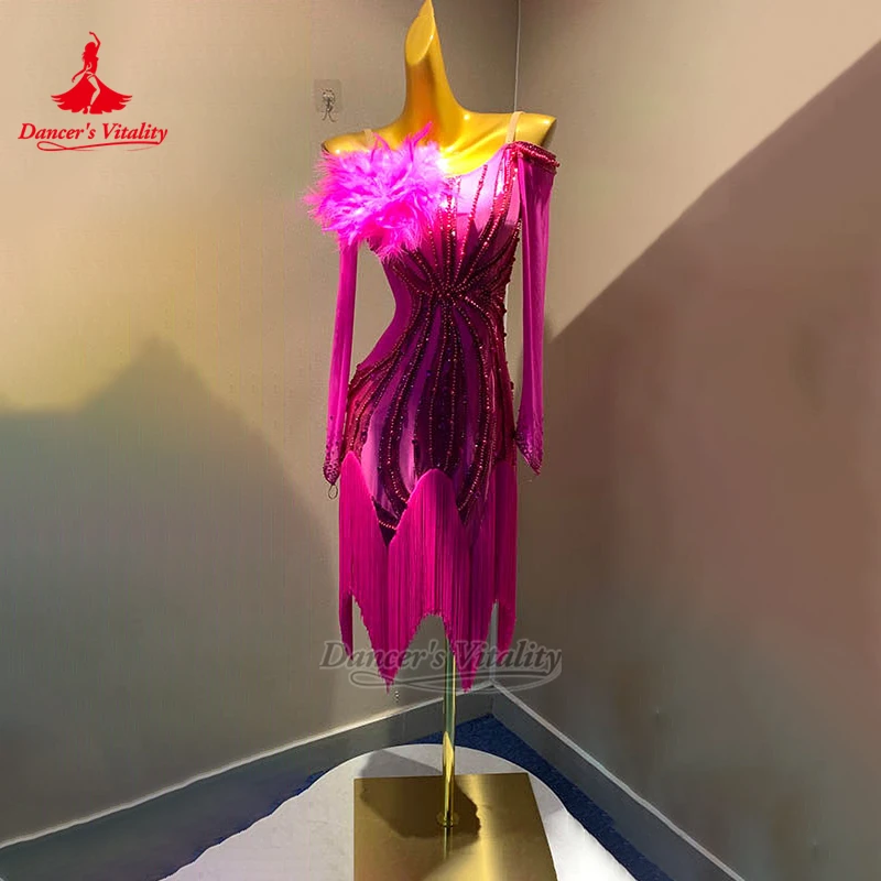 Adult Latin Dance Irregular Tassels Lower Hem Dresses Teenager Samba Rumba Backless Costume High-end Customize Dancer's Vitality