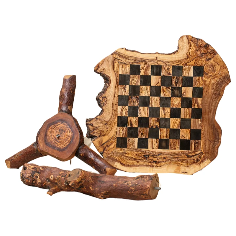Luxury rustic wooden chess table handmade from olive wood