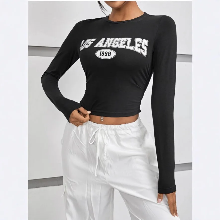 

2025 fashion letter round neck slim fit spicy girl top short, exposed navel long sleeved casual women's t-shirt