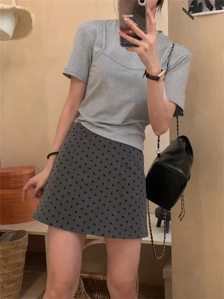 

Юбка А-силуэта в горошек для женщин больших размеров, с высокой талией, стройнящая, новая, для повседневной носки, с круглым узором в горошек, облегающая юбка.