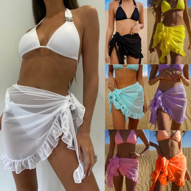 Mesh Mini Ruffle Skirts Women Cover Up Tassel Dress Bikini Solid Bathing Skirt Women Swimwear Pareo Scarf Beachwear Wrap