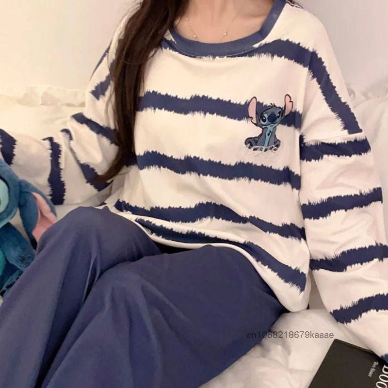 Disney Stitch Women Striped Chest Cushion Sleepwear Spring Autumn New Long Sleeved Pants Set Korean Style Cute Cartoon Home Wear