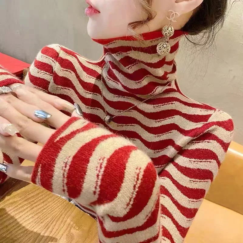 Women Zebra Stripes Knitted Jacquard Sweaters Casual Slim Turtleneck Fashion Pullover Top Spring Soft Vintage Knitwear