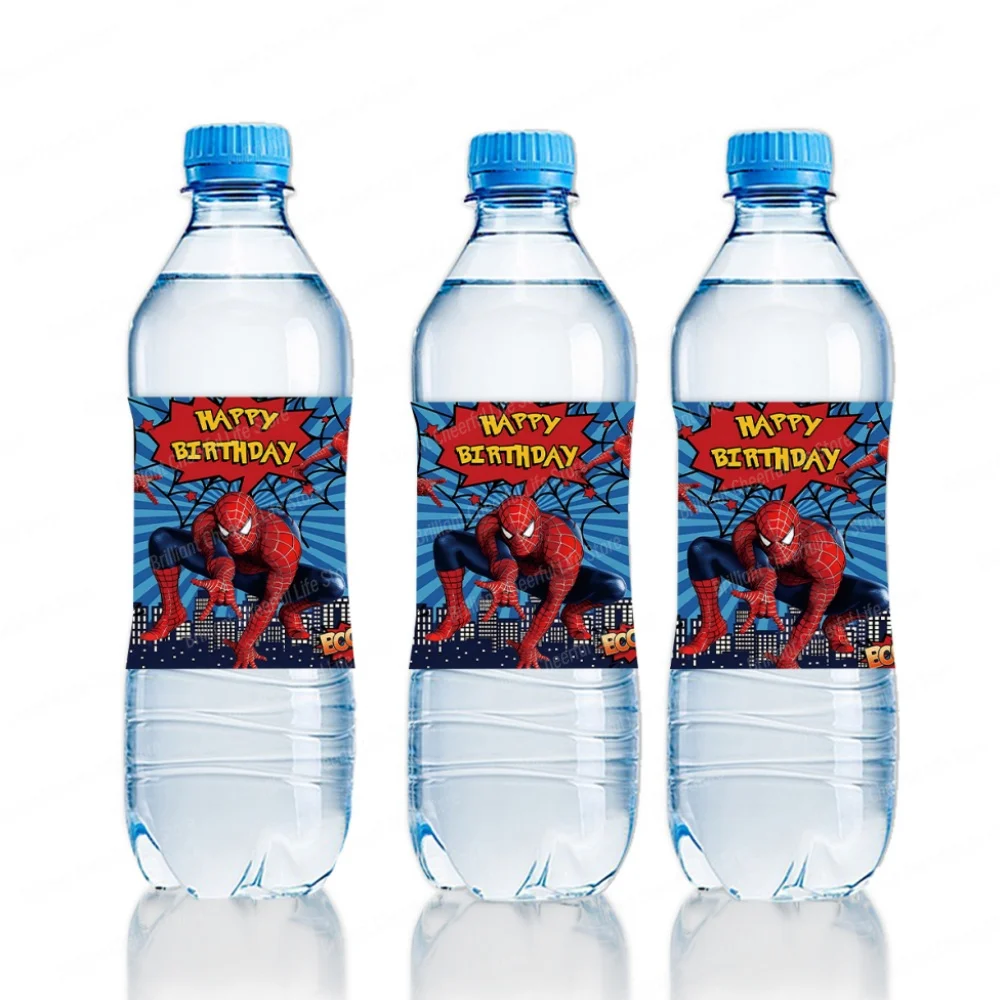 10/20/30 pezzi Spiderman etichetta bottiglia d'acqua decorazione di compleanno forniture per feste adesivi supereroi impermeabili per ragazzi baby shower