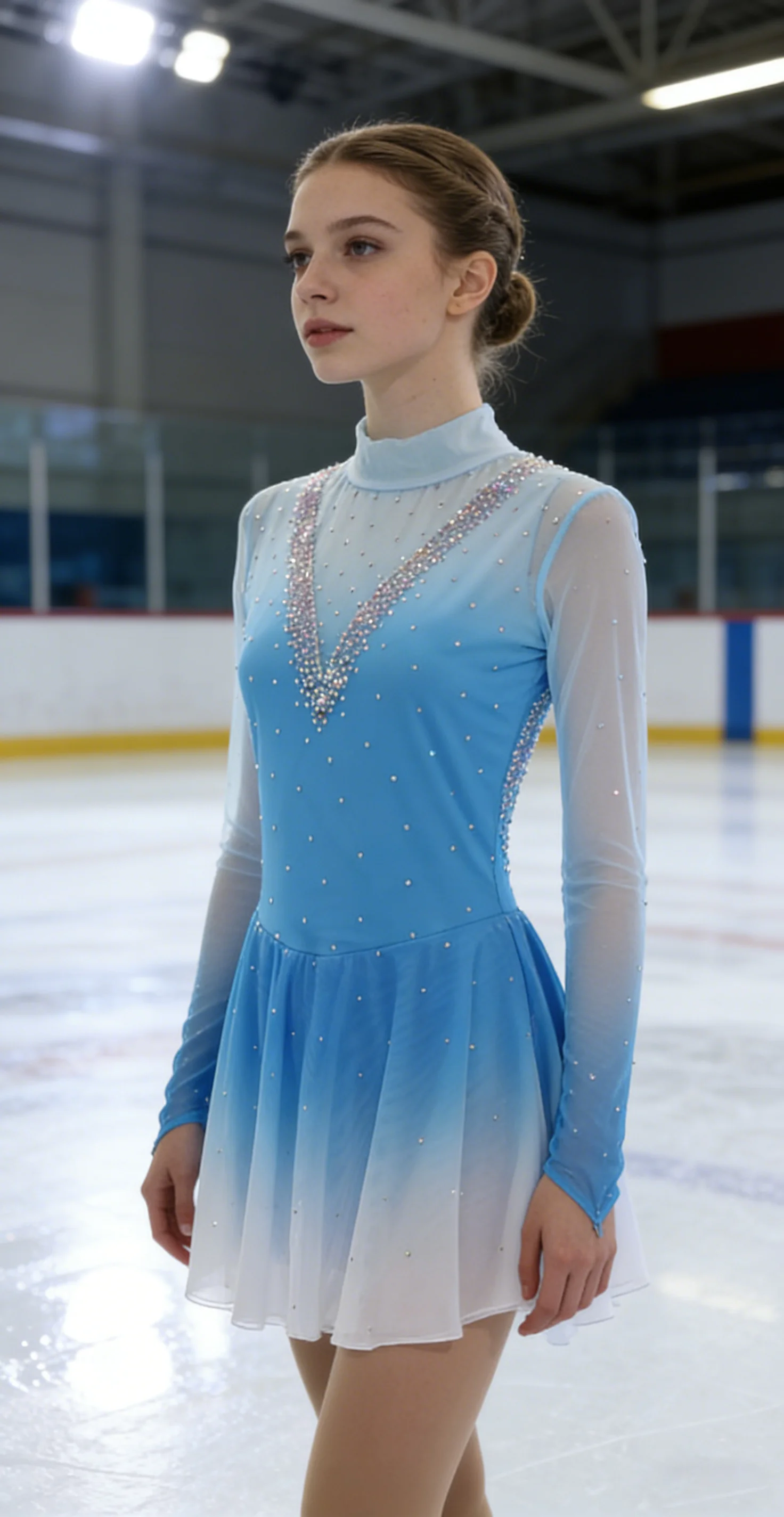 

Stunning Rhinestone Blue Gradient Figure Skating Outfit Sheer Long Sleeve High Neck Keyhole Back Leotard with Flowy Mesh Skirt