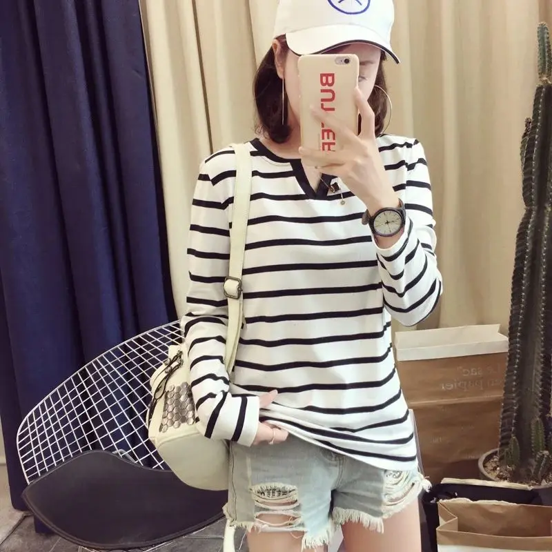 Long Sleeve Striped Contrast Youth Street Casual Tops Spring Autumn V Neck Loose Vintage T Shirts Trend Fashion Women Clothing