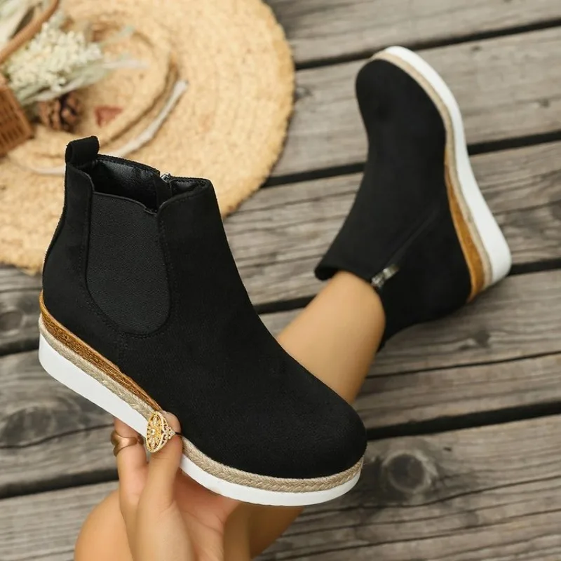 Women's Wedge Ankle Boots Round Toe Suede-Look Platform Booties Side Zipper Elastic Panel Woven-Look Trim Casual Everyday Shoes