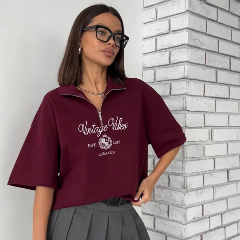 

Style New Color-Block Letter Embroidered Short Sleeve Loose Casual Versatile Half-Zip Turn-Down CollarTWomen's Summer T-shirt