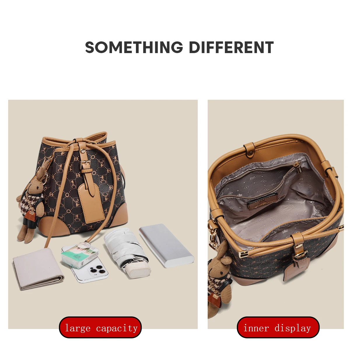 FOXER Women's Bucket Bag PVC Leather Female Shoulder Bag Vintage Crossbody Bag with Cute Rabbit Pendant Adjustable Strap Purse