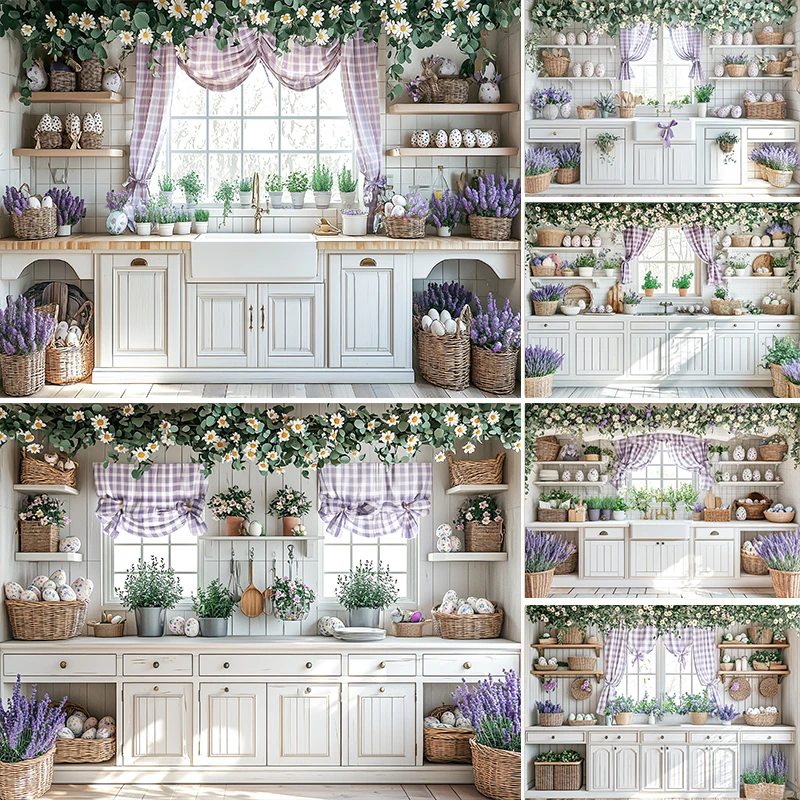 

LS Photography Background Spring Easter Kitchen Egg Floral Cabinet Decor Birthday Cake Smash Kids Portrait Photo Backdrop Studio