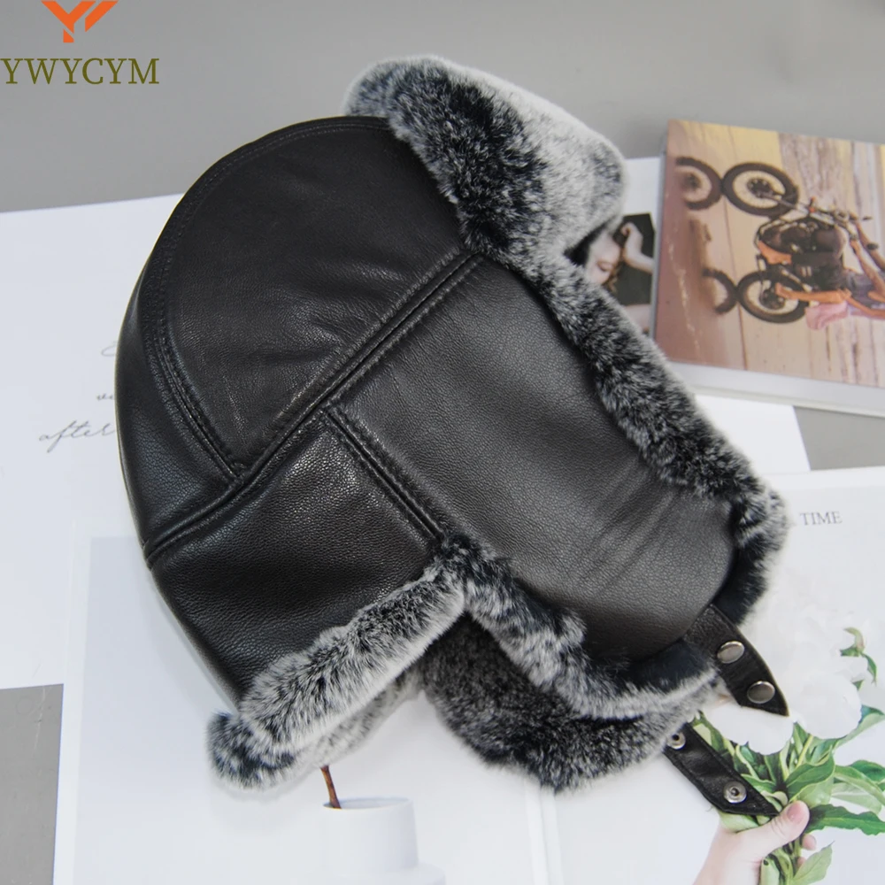 

Winter Russian Man & Woman Wholeskin Natural Rex Rabbit Fur Hats Luxury Real Sheep Skin Leather Cap Unisex Real Fur Bomber Hat