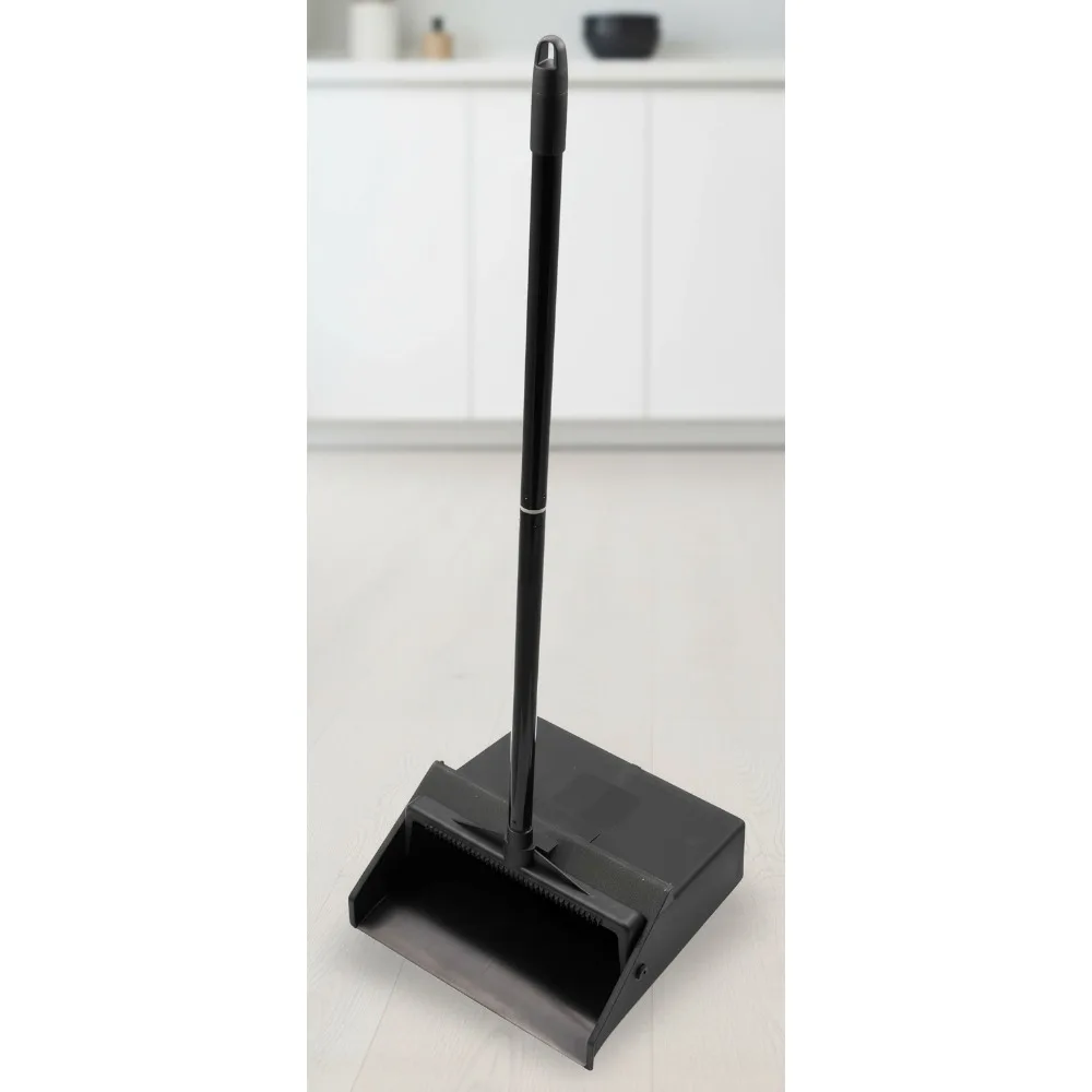 

Upright Plastic Dust Pan with Serrated Edge, 2-Piece Handle for Easy Cleaning, Black, Ideal for Home and Commercial Use