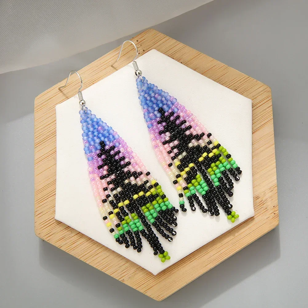 Beaded earrings Tree Tassel Bohemia Design Gradient color Original Hand knitting Fashion  Alloy Female Rice bead earrings