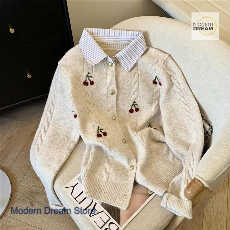 النمط الفرنسي مزاجه وهمية قطعتين قميص طوق سترة معطف المرأة الخريف والشتاء نمط الكلية الجديدة سترة متماسكة