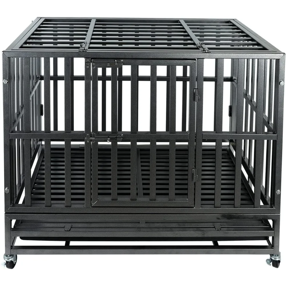 37Inch Heavy Duty Dog Kennel Strong Metal Dog Cage Pet Crate for Medium and Large Dogs with Four Lockable Wheels Removeable Tray