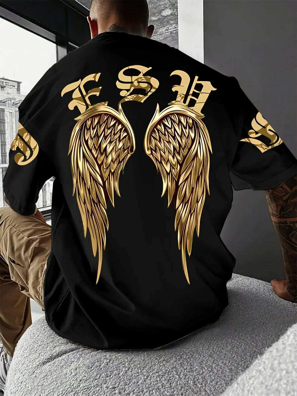 American Retro Golden Angel Wings 3D Print Men's T-Shirt Sportive, Quick-Dry Breathable, Loose-Fitting Hip-Hop Street Trendy Top