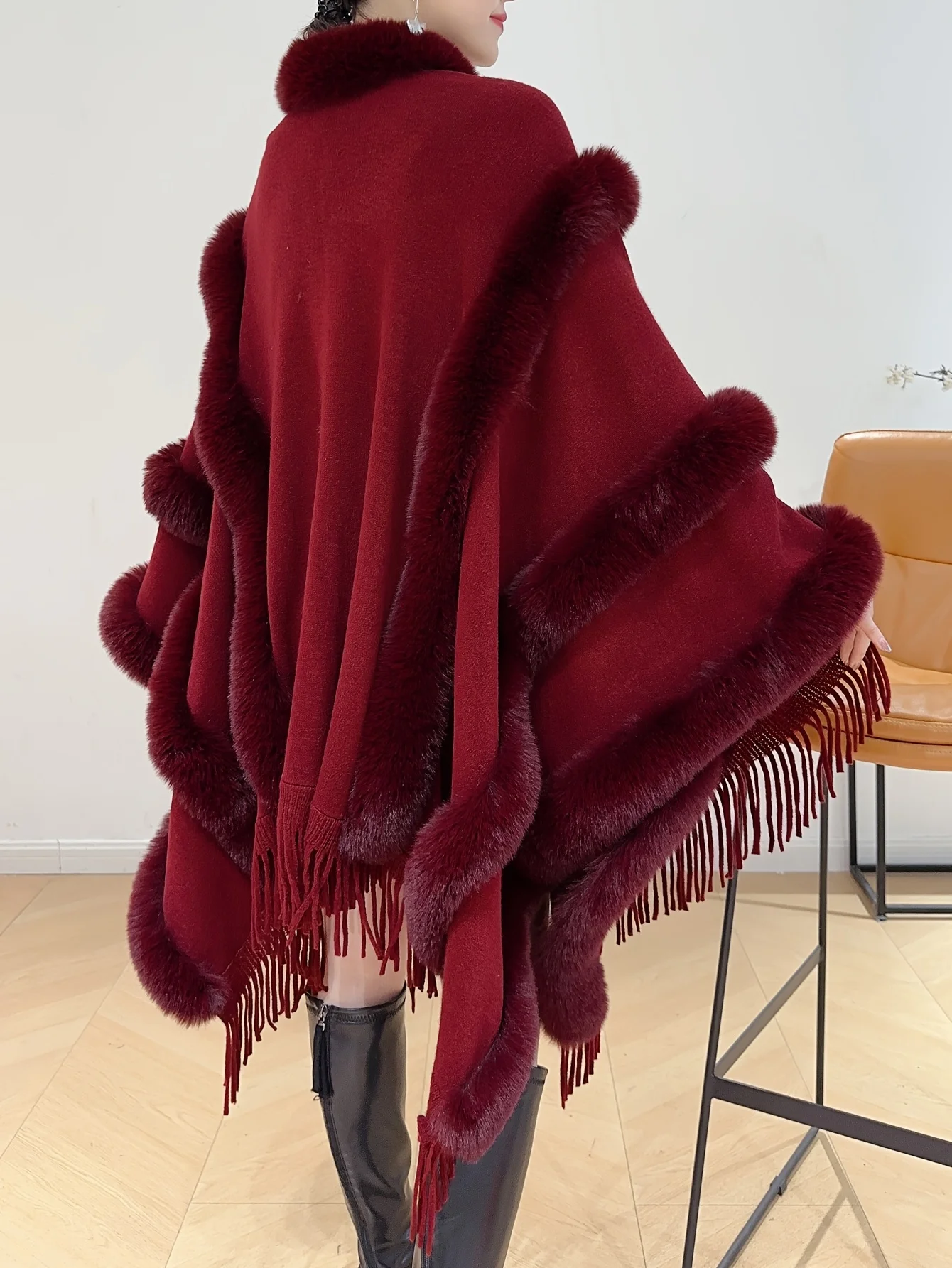 

Solid Color Long Shawl Cape Multiple Faux Fur Spliced Shawl Tassel hem design Made of Faux Fur Trimmed Acrylic Knit Fabric