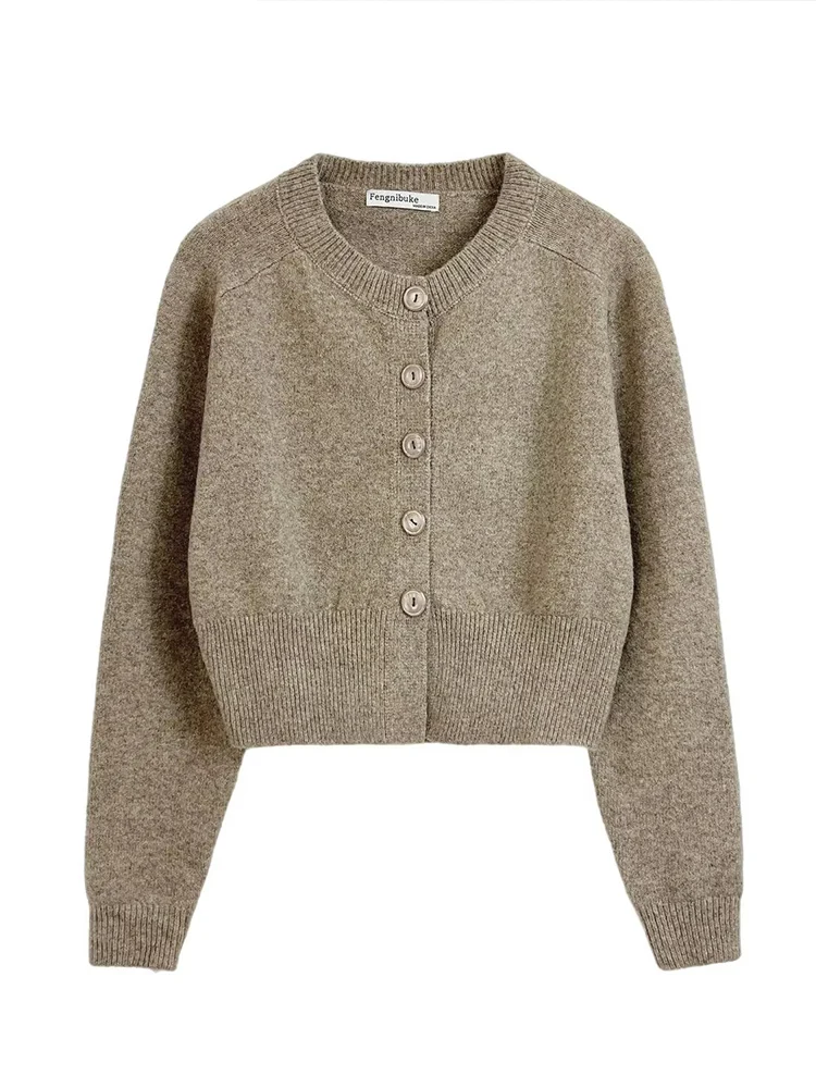 

Новая женская мода в европейском стиле, универсальный темпераментный короткий вязаный жакет с круглым вырезом и длинными рукавами