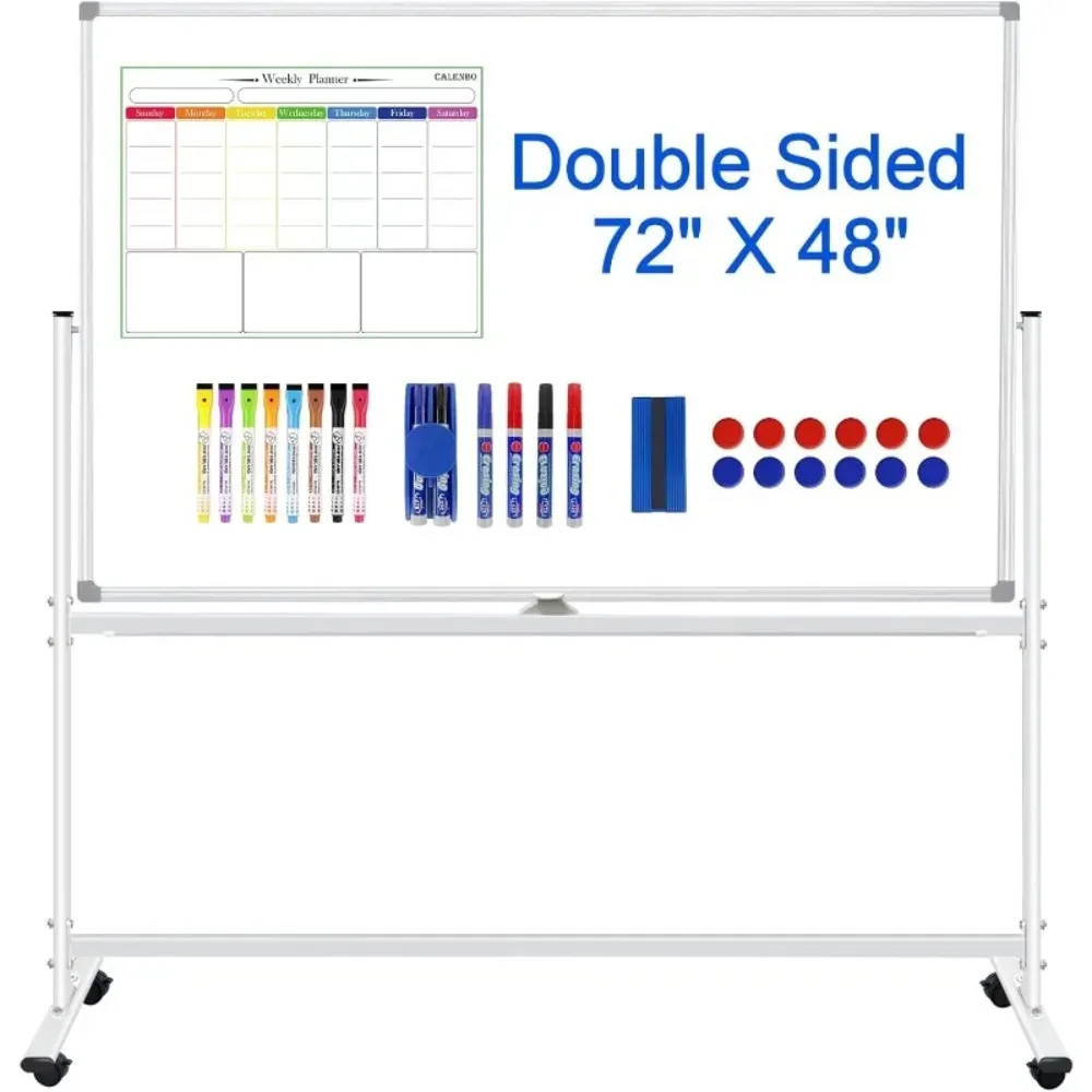لوحات بيضاء دوارة على عجلات 72 × 48، لوح مسح جاف كبير مع حامل، لوح أبيض مغناطيسي متنقل مع ممحاة