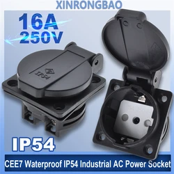 EU IP54 16A250V electrical AC power socket European universal industry with waterproof cover German standard wiring socket black