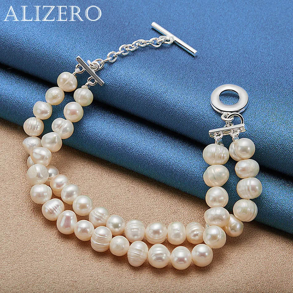 ALIZERO 925 Sterling Silver Double Row Artificial Pearls Chain Bracelet For Women Fashion Wedding Party Luxury Charms Jewelry
