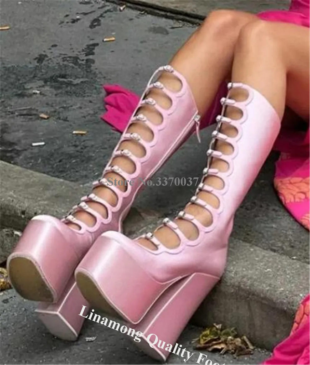 Linamong Sexy Pink Satin High Platform Mid-calf Boots Round Toe Cut-out Buckles Thick Heel Long Boots Big Size Boots