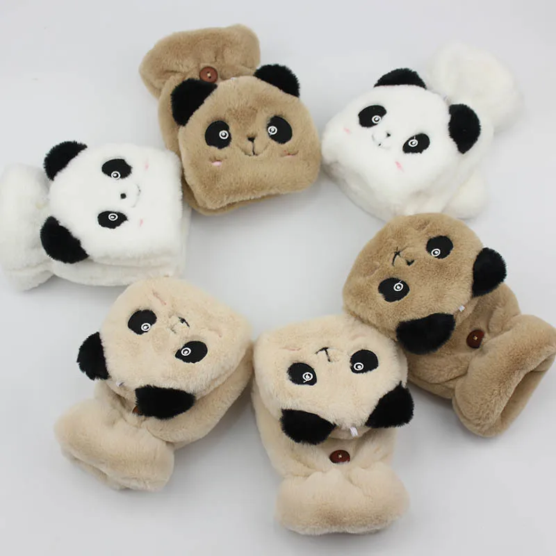 New Ladies\' Autumn and Winter Thick Velvet Warm and Super Cute Cartoon Panda Half Finger Flip Gloves for Woman