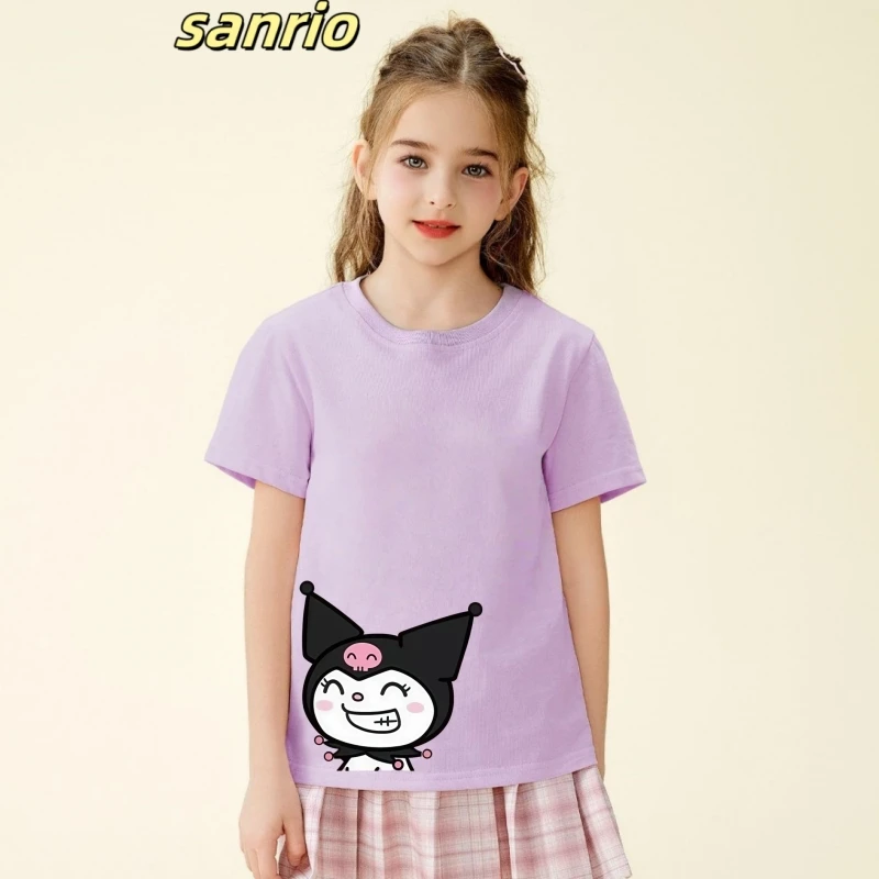

Sanrion Summer Baby Girls 100% Cotton Clothes Kid Cute Kuromi Printed Short Sleeve T-shirts Children Girls Cartoon Top Outfits