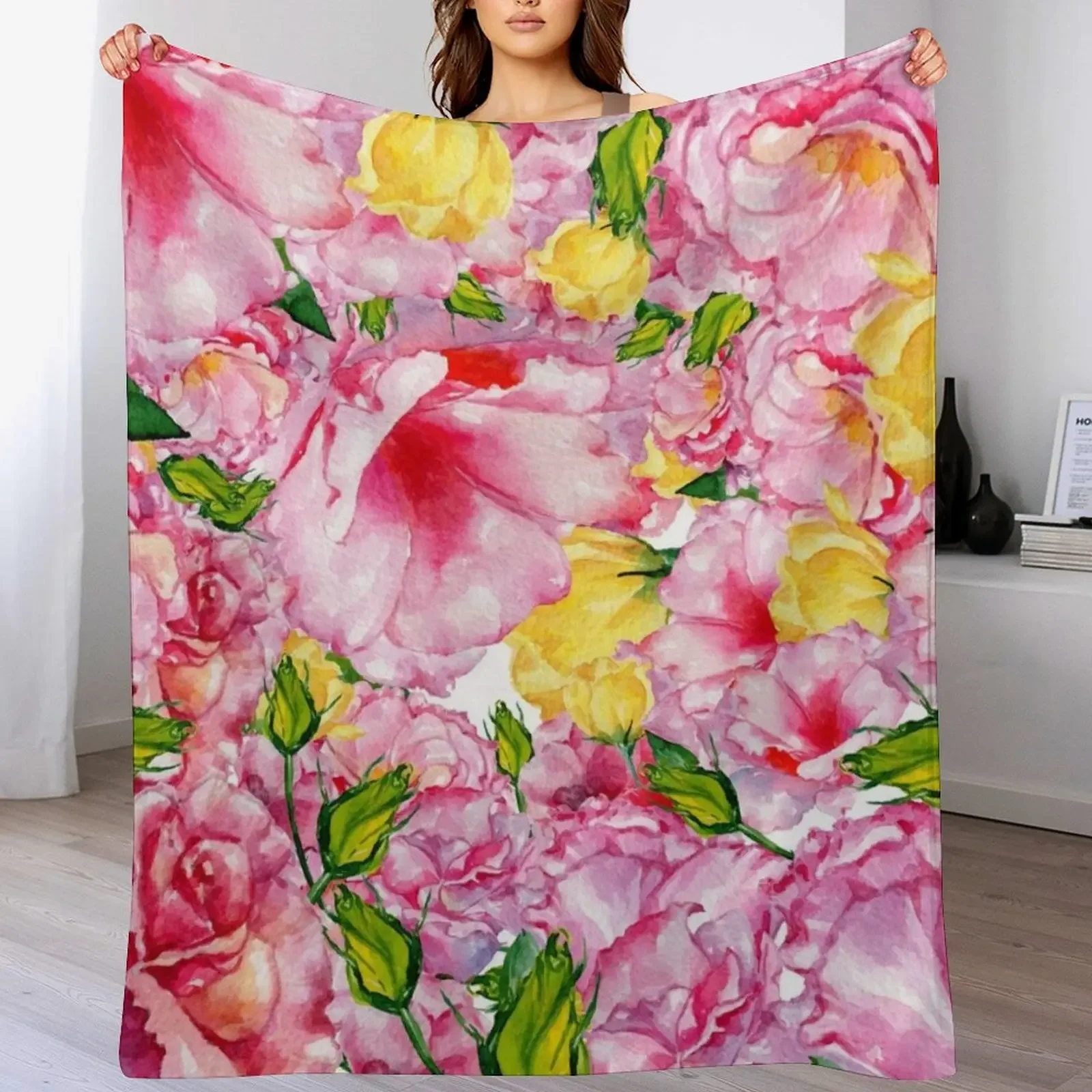 

Modern hand painted neon pink yellow watercolor roses floral Throw Blanket Picnic Personalized Gift blankets ands Large Blankets