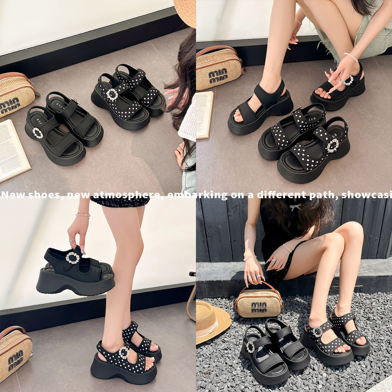 

Women Black Rhinestone Studded Platform Sandals Velcro Strap Open Toe Thick Sole Wedge Heel Summer Daily Comfy Casual BeachShoes