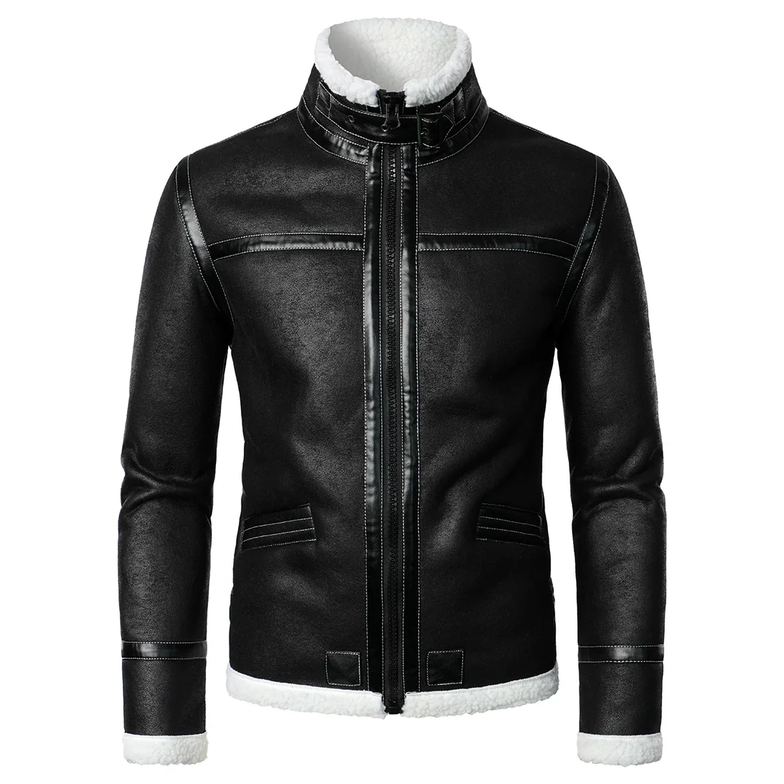 Men's one-piece jacket winter jacket thickened stand-up collar men's leather jacket