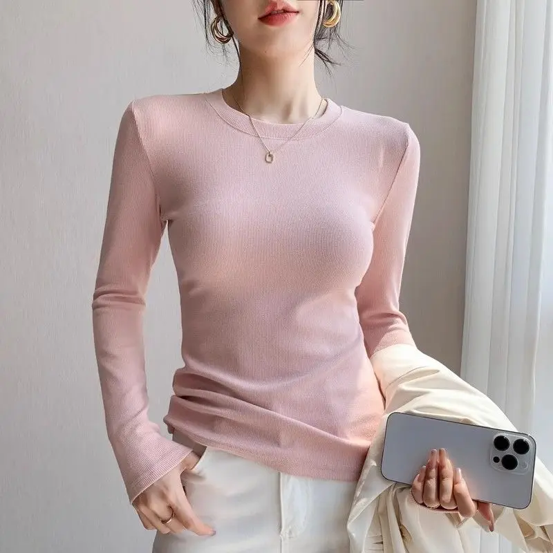 

Long-sleeved T-shirt for Women in Spring and Autumn New Pullover Round Neck Thread Slim Base Shirt Versatile Top