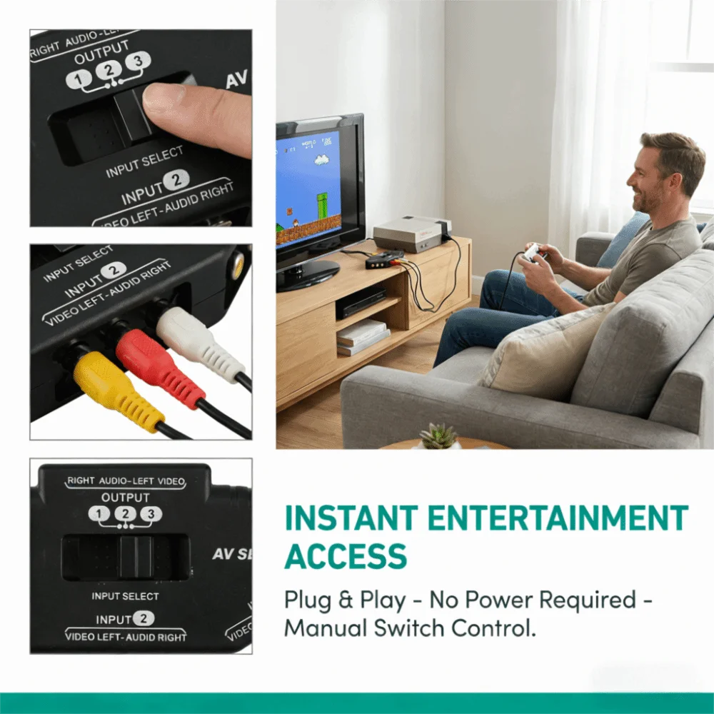 Stable Signal 3 In 1 Out AV Switch With AV Cable Plug and Play Audio Video Selector RCA Splitter for DVD VCD VCR Home Theater