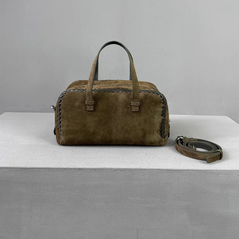 

High End Leather Handbag Women's Frosted Suede Boston Bag Woven Edge Design Bowling Bag Versatile Commuter Zipper Crossbody Bag