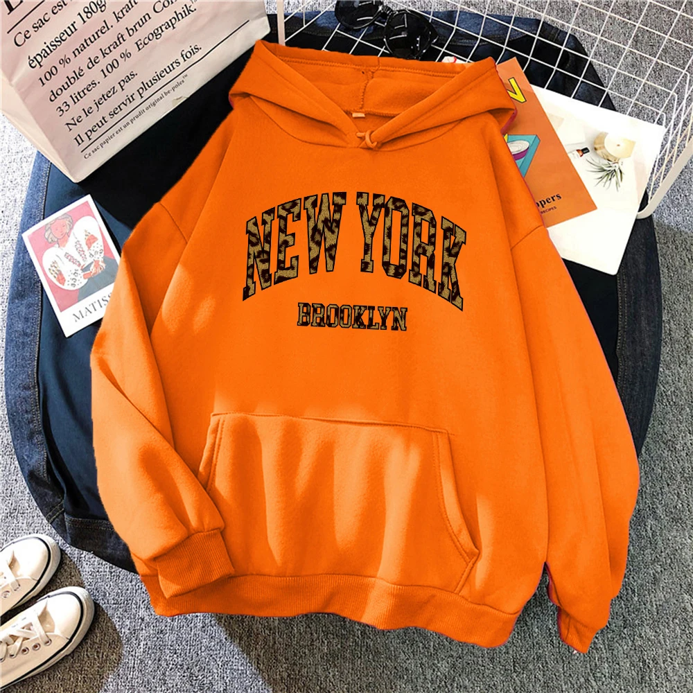 Leopard Print New York Pattern Women Y2K Hoody Creativity Pocket Hoodies Casual Multicolor Hoodie Fleece Oversized Pullovers