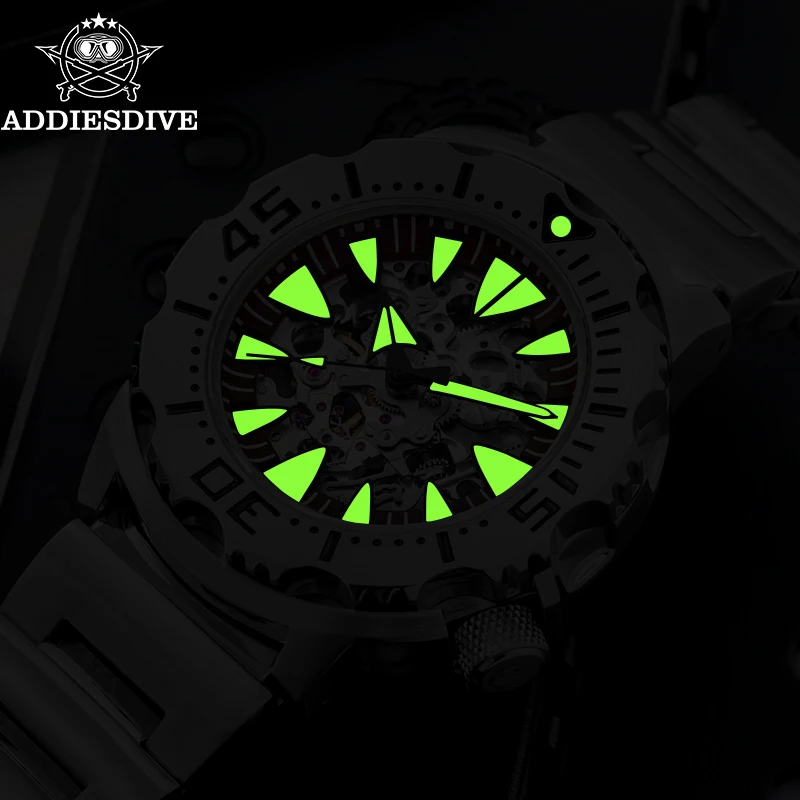 ADDIESDIVE Men\'s Watch 8N24 Automatic Mechanical Watch Sapphire Luminous Business Casual 42mm Hollow Men\'s Watch 200m Waterproof