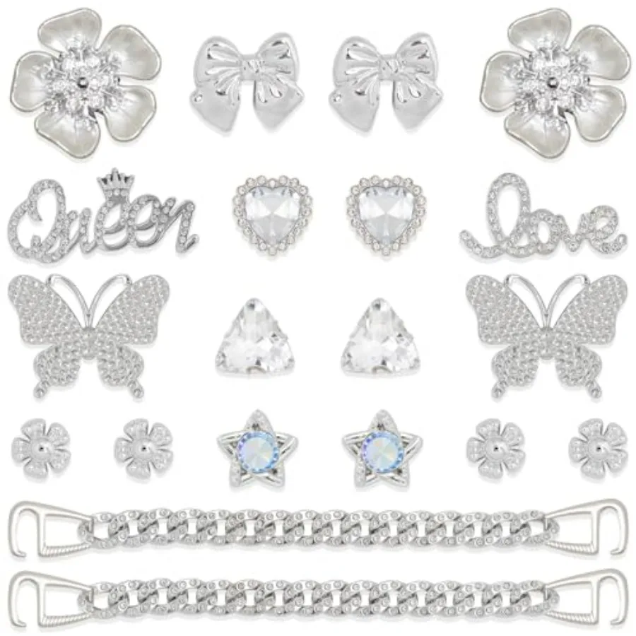 

20 Pcs Silver Shoe Charms Chain Accessories for Women Butterfly Flower Pearl Clog Shoe Decoration Charms Rhinestone Shoes Charm