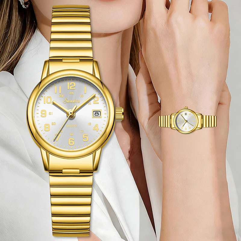 

SUNKTA простые часы для женщин модный золотой браслет женские часы круглые водонепроницаемые женские кварцевые наручные часы из нержавеющей стали