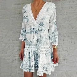 2024 New Women's Dresses Summer Vintage Boho V Neck Jacquard Beach Dresses Fashion Sexy Hollow Tie Bikini Cover Up Dresses