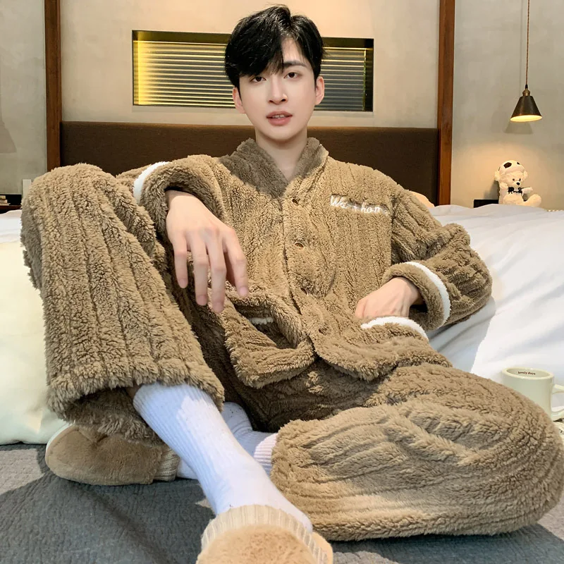 2024 Men's Warm Pajama Sets Autumn Winter Thick 2 Piece Set Flannel Sleepwear Loose Long Sleeve Homewear Pijamas Home Clothes