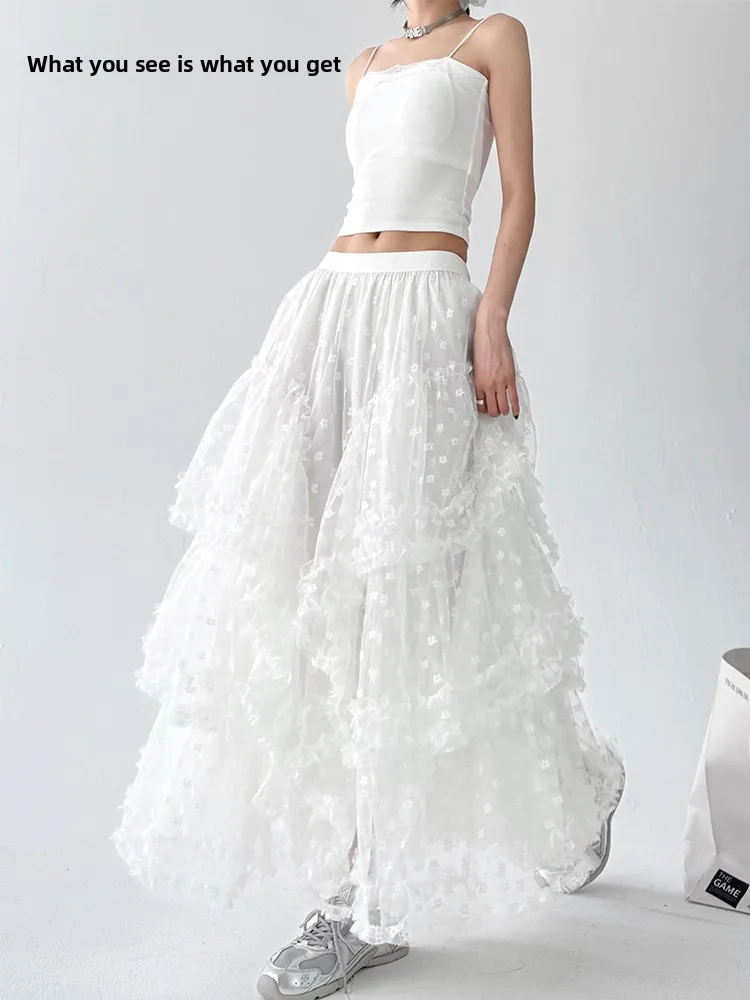 

White Lace Ballet Puffy Skirt Women's Mid-Calf Length Cake Skirt High Waist Design Commute Sle New Summer Collection