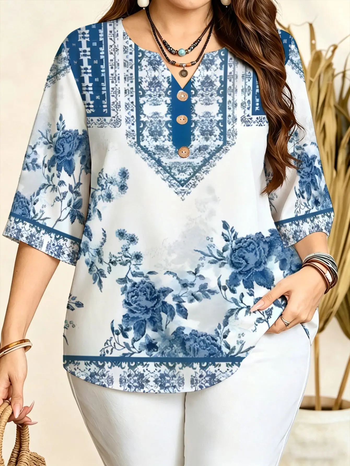 5 Styles Blue Floral Print Blouses Notch V Neck 3/4 Sleeve Loose Plus Size Women Casual Daily Tops