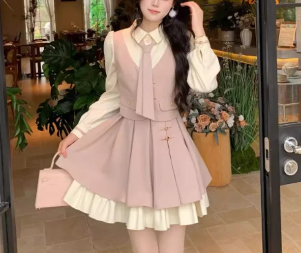 الخريف الشتاء حجم كبير الحلو وهمية قطعتين سميكة الربط فستان لطيف فتاة تنوعا الحد من العمر كلية لوليتا فساتين