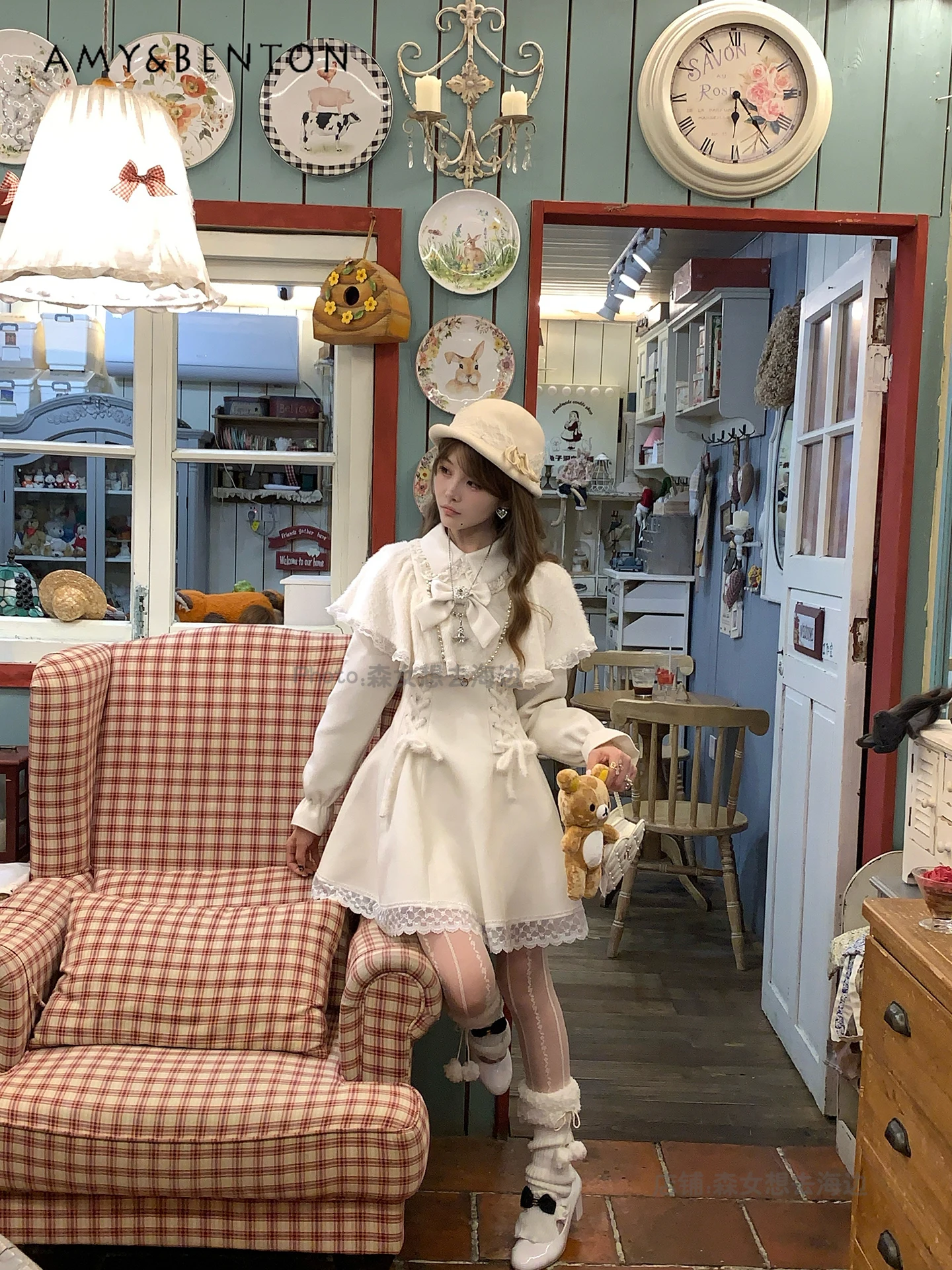 Elegant Gentle Princess Atmosphere Cape Dress Sweet Cute Bow Lace Plush Patchwork Slim Mini Dress for Women Autumn Winter New