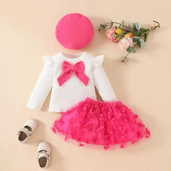 New Year Baby Girls Clothes Set 0-3 Y Big Bow Top Butterfly Mesh Skirt and Beret 3Pcs Toddler Christmas Outfit Trendy Clothing