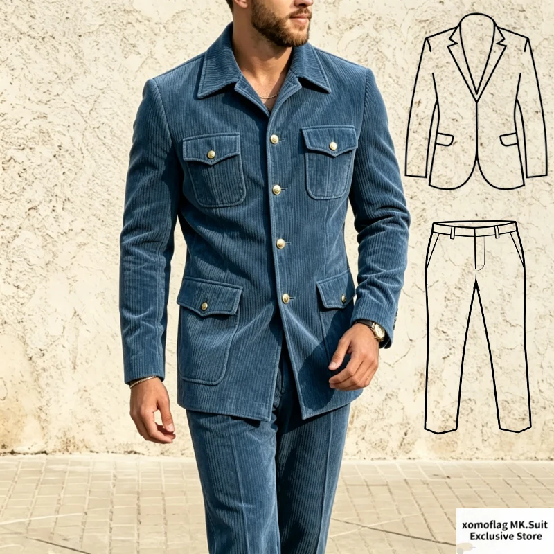 Men's Vintage Corduroy Suit Slim Fit 2 Pieces Safari Multi Pocket Blazer Jacket Straight Leg Pants Set Formal Wedding Prom
