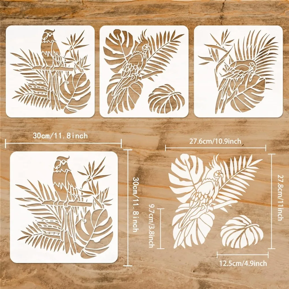 3Pcs Parrot Stencil 11.8x11.8 inch Animal Wildlife Macaw Bird Stencil Template Plastic Parrot Palm Leaf Flowers Pattern Painting