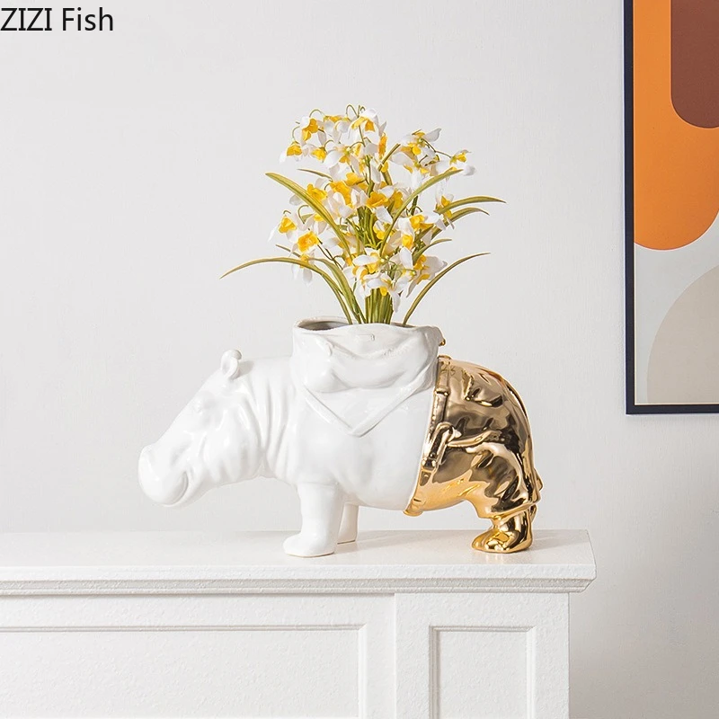 Animal Ceramic Ornaments Hippopotamus Decorative Vase Hydroponic Vase Desktop Decoration Crafts Sculpture Model Statue Figurines