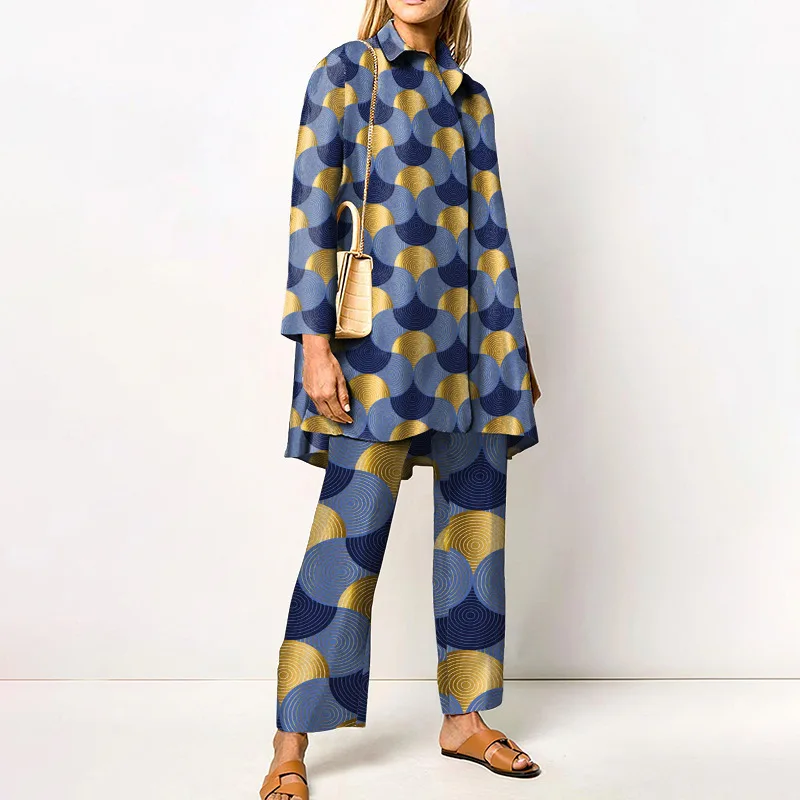 

Geometric Print Two Piece Outfit Long Sleeve Shirt and Wide Leg Pants Co-ord Set Casual Loose Fit Matching Set for Women