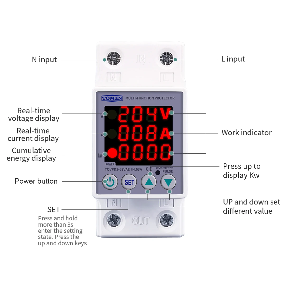63A 230V 3IN1 Display Din rail adjustable over and under voltage protective device protector relay with over current protection